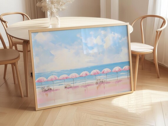 Row of Pink Beach Umbrellas Over Ocean Waves Pastel Art Poster