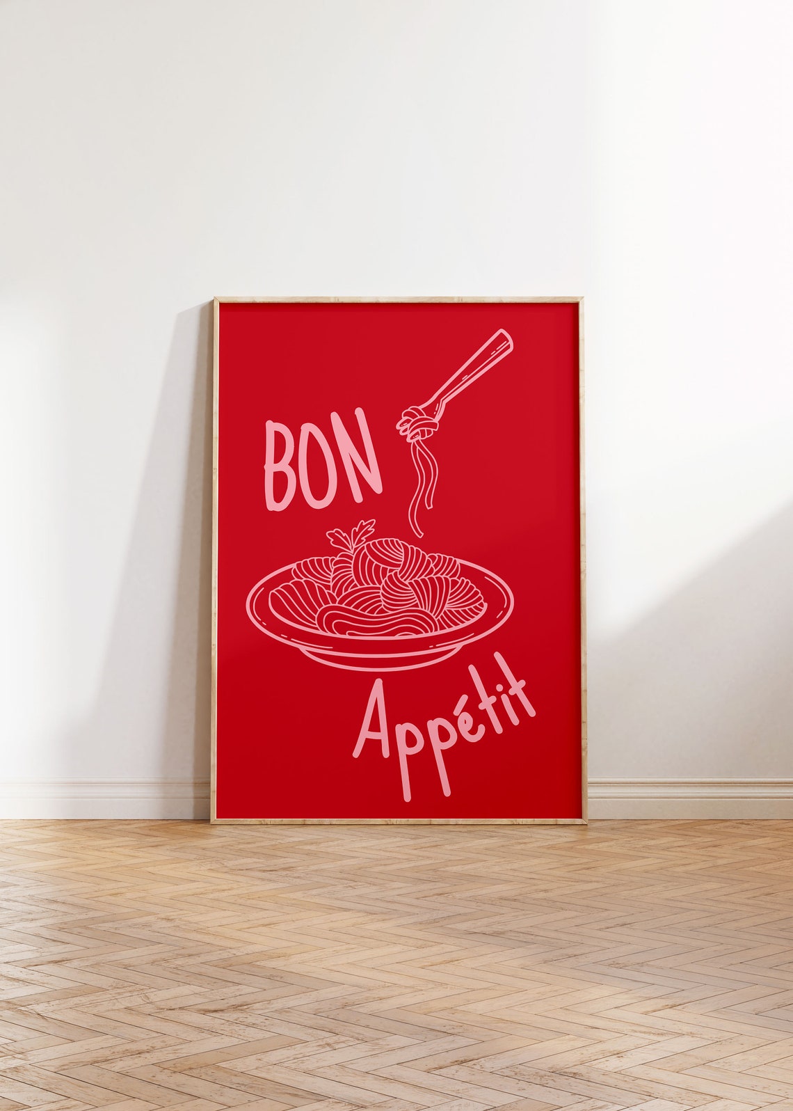 Bon Appetit Red Pasta Spaghetti Line Art French Kitchen Wall Poster