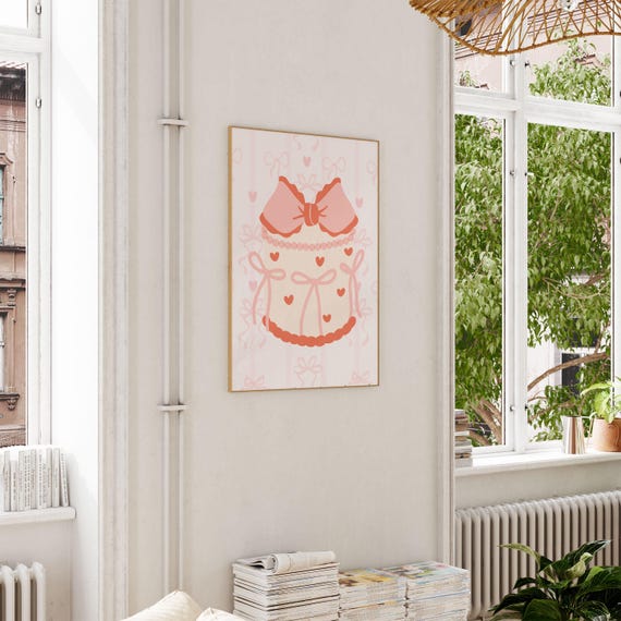 Pink Red Bows Heart Cake Wall Art Trendy Preppy Pink Bedroom Decor Teens Dopamine Coquette Dorm Room College Apartment Art Disco
