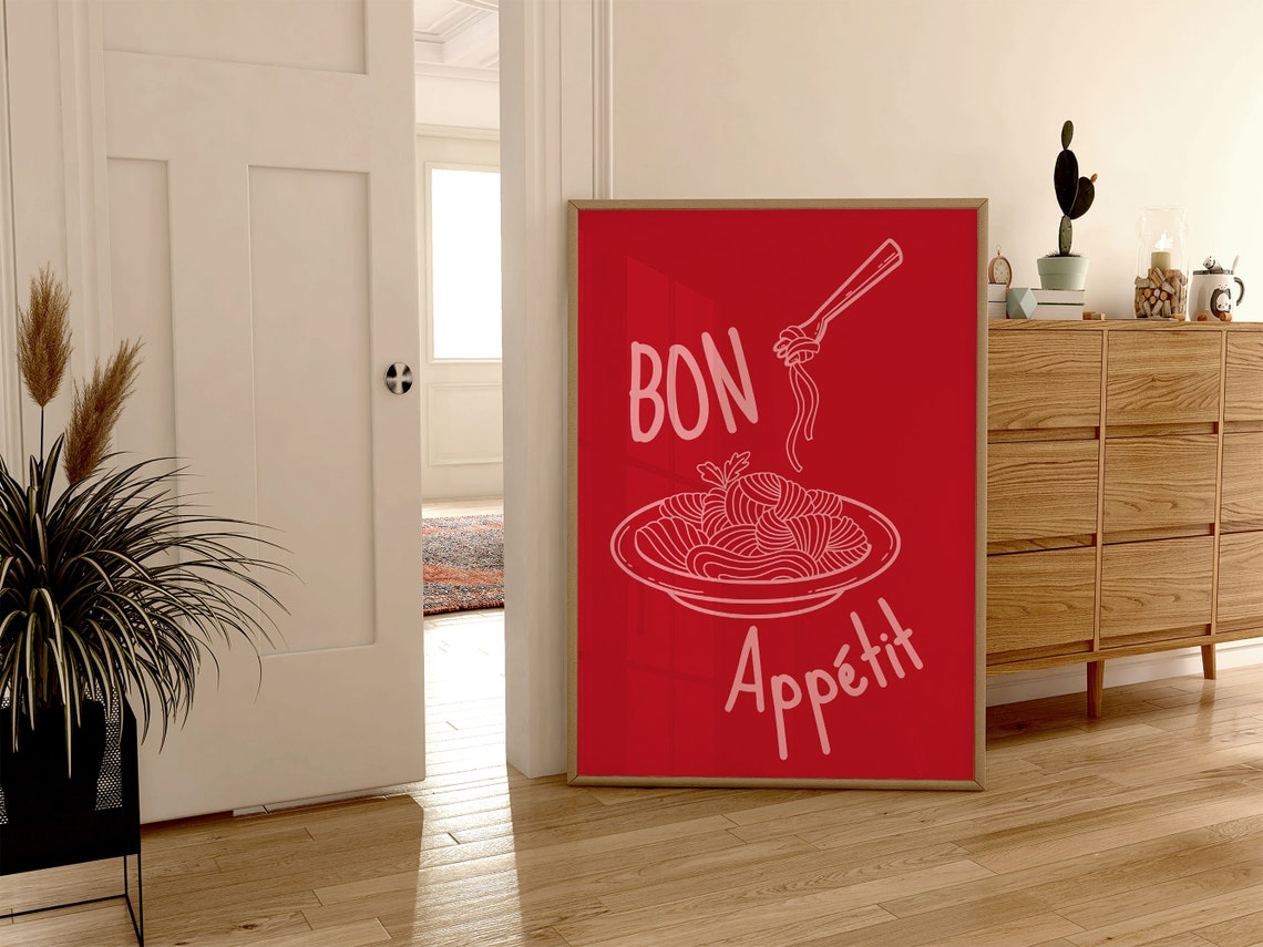 Bon Appetit Red Pasta Spaghetti Line Art French Kitchen Wall Poster - Image 3