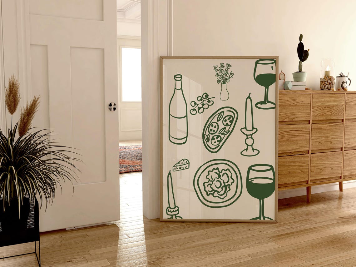 Forest Green Dinner Table Line Art Wine Pasta Retro Kitchen Poster - Image 2