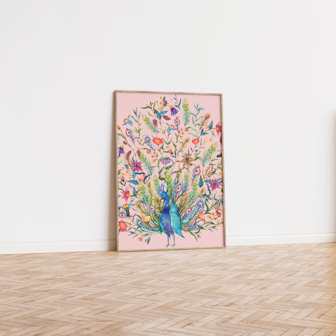 Pink Peacock Art Print, Boho Mid-Century Decor - Image 3