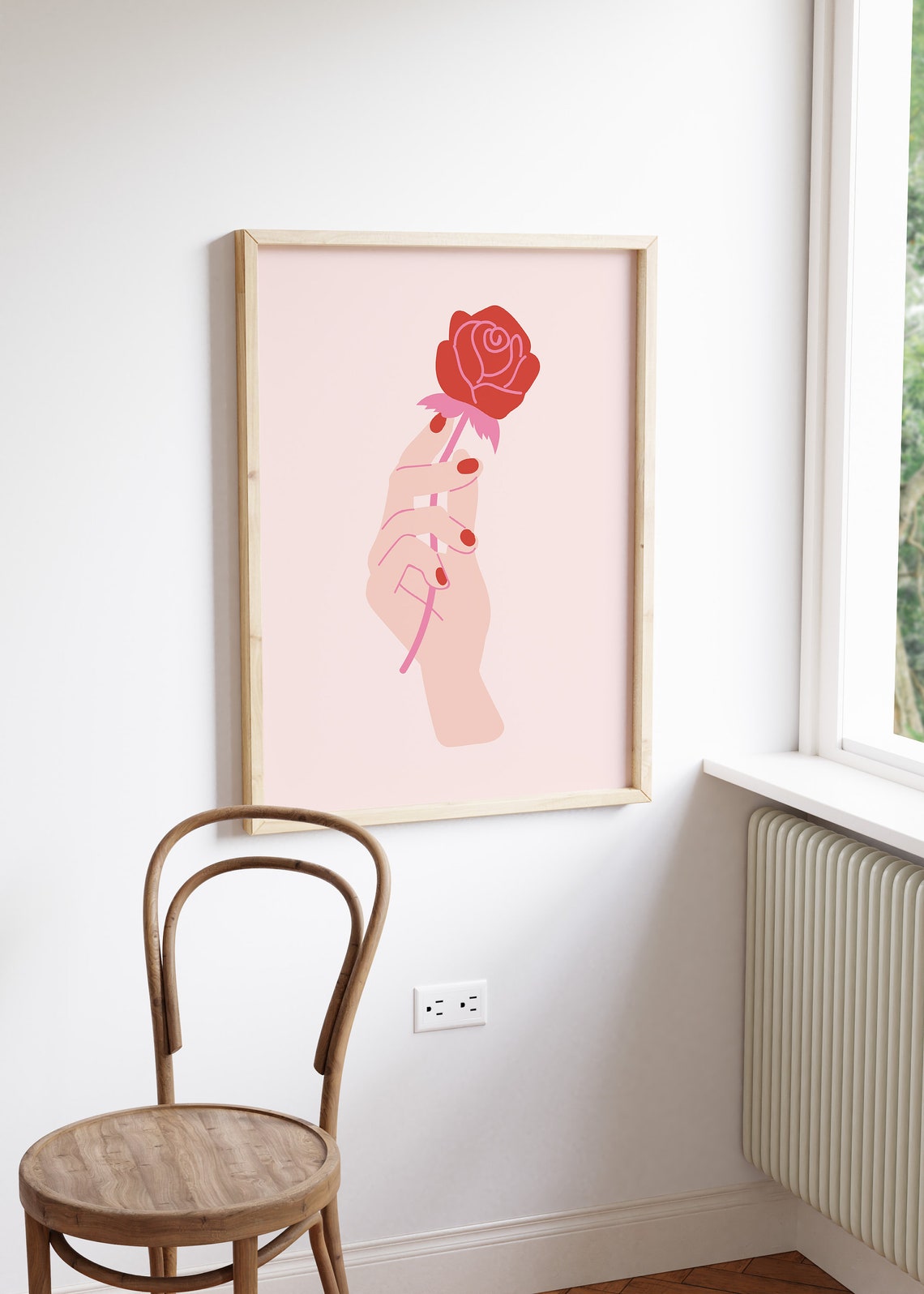 Hand Holding Red Rose Minimal Pink Romantic Feminine Wall Art - Image 3