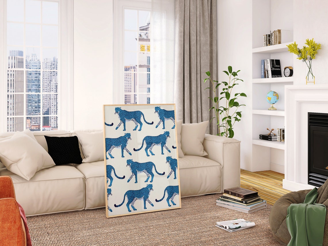 Blue Leopard Repeat Pattern Cream Bold Y2K Safari Animal Wall Art - Image 3