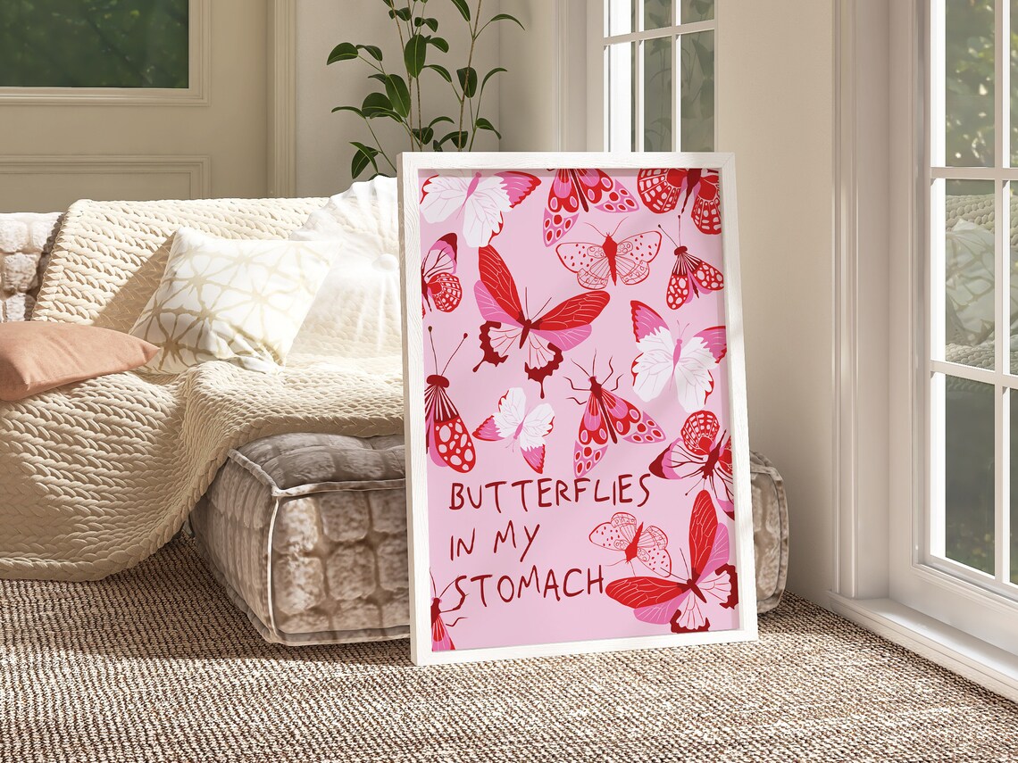 Butterflies In My Stomach Pink Red Butterfly Collage Art Poster - Image 3