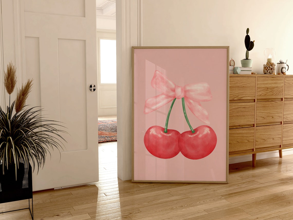 Red Cherry Pink Bow Watercolor Art Print Coquette Wall Art Poster