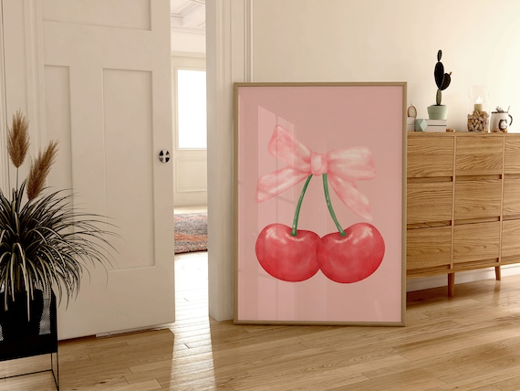 Coquette Pink Bow Art Coquette Cherry Wall Art Feminine Poster Soft Girl Bedroom Decor Trendy Preppy College Apartment Print