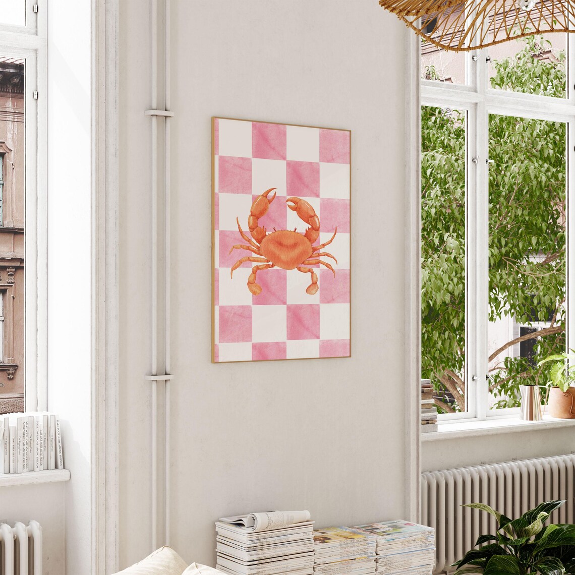 Watercolor Crab Orange On Pink Checkered Trendy Coastal Beach Poster - Image 4
