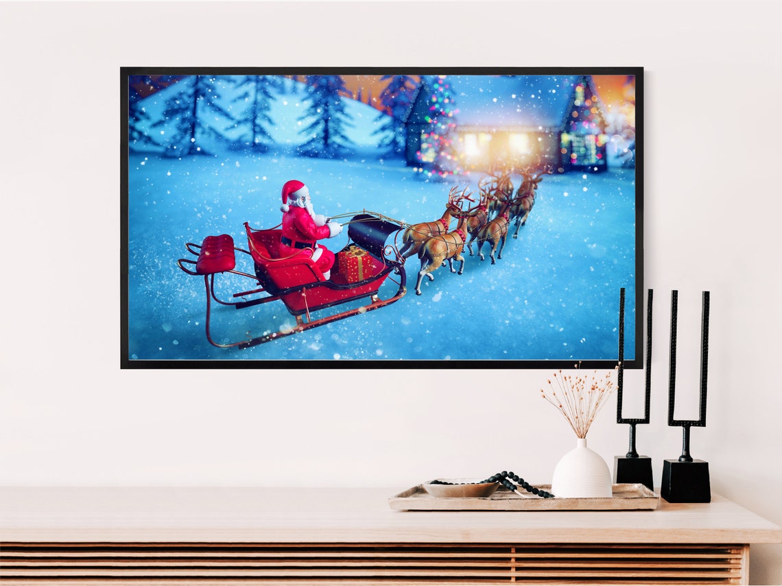 Santa Frame Tv Art Frame Tv Art Christmas Santa Sleigh And Reindeers Art For Tv Holiday Frame Tv Art Winter Tv Picture - Image 3
