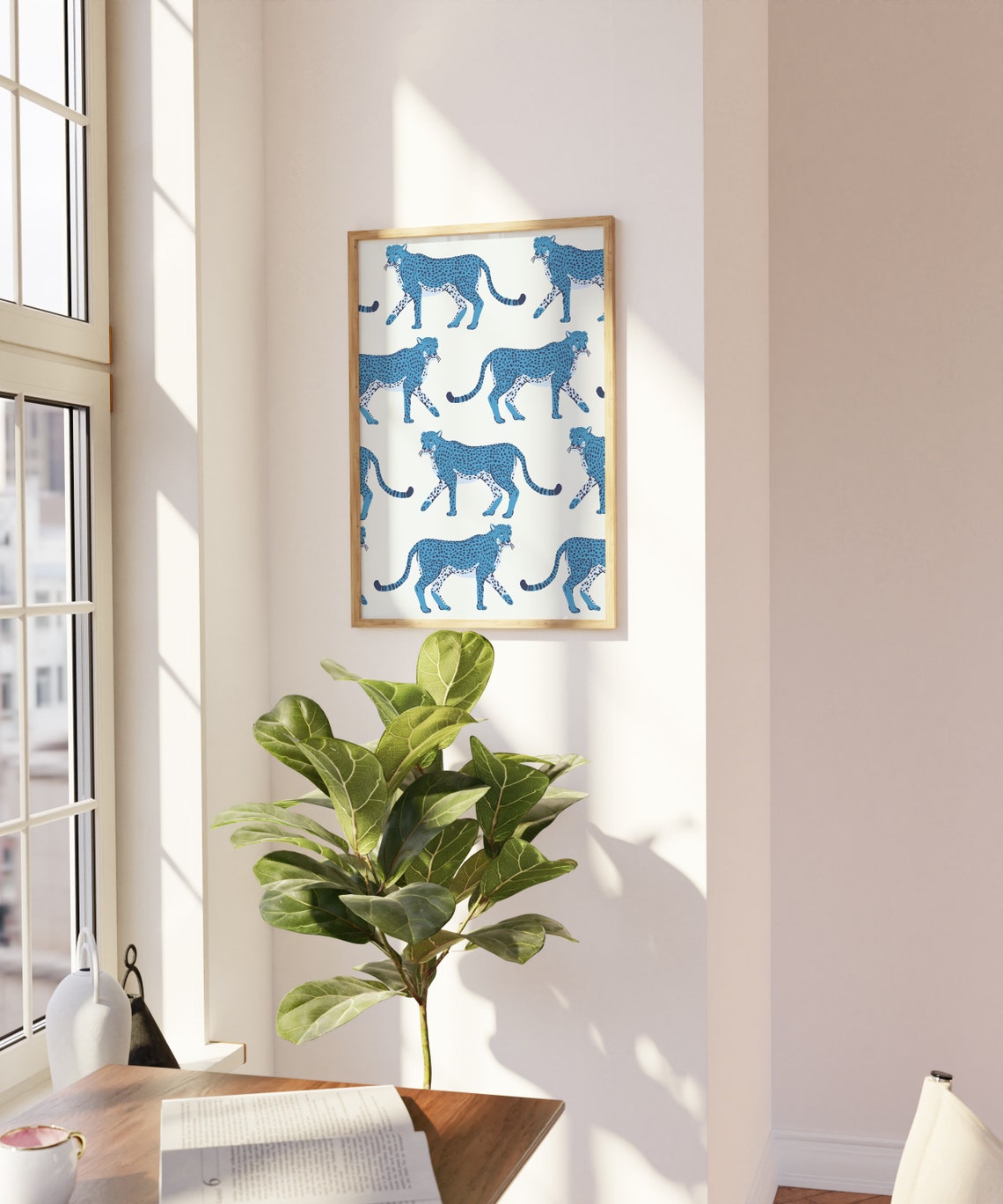 Blue Leopard Repeat Pattern Cream Bold Y2K Safari Animal Wall Art - Image 2