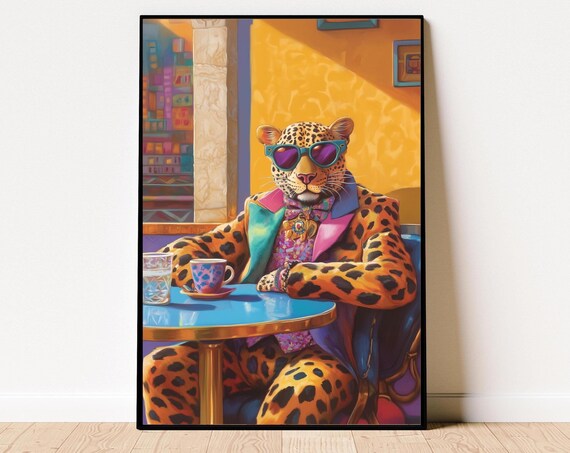 Stylish Leopard In Sunglasses Enjoying Coffee At A Cafe Art Poster