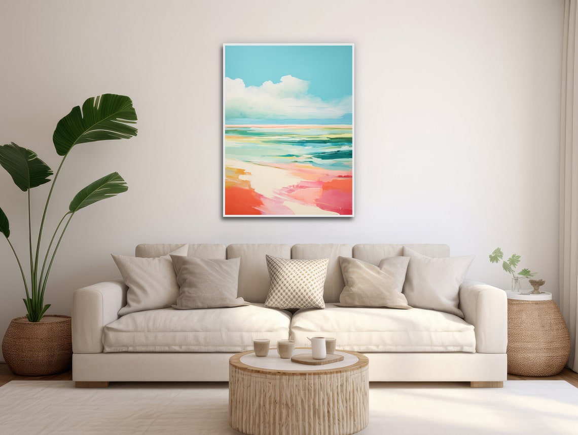 Turquoise Sky Over Coral Waves Abstract Beach Painting Poster - Image 3