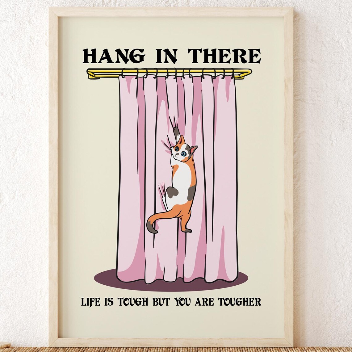 Hang In There Cute Cat Shower Curtain Funny Motivational Poster