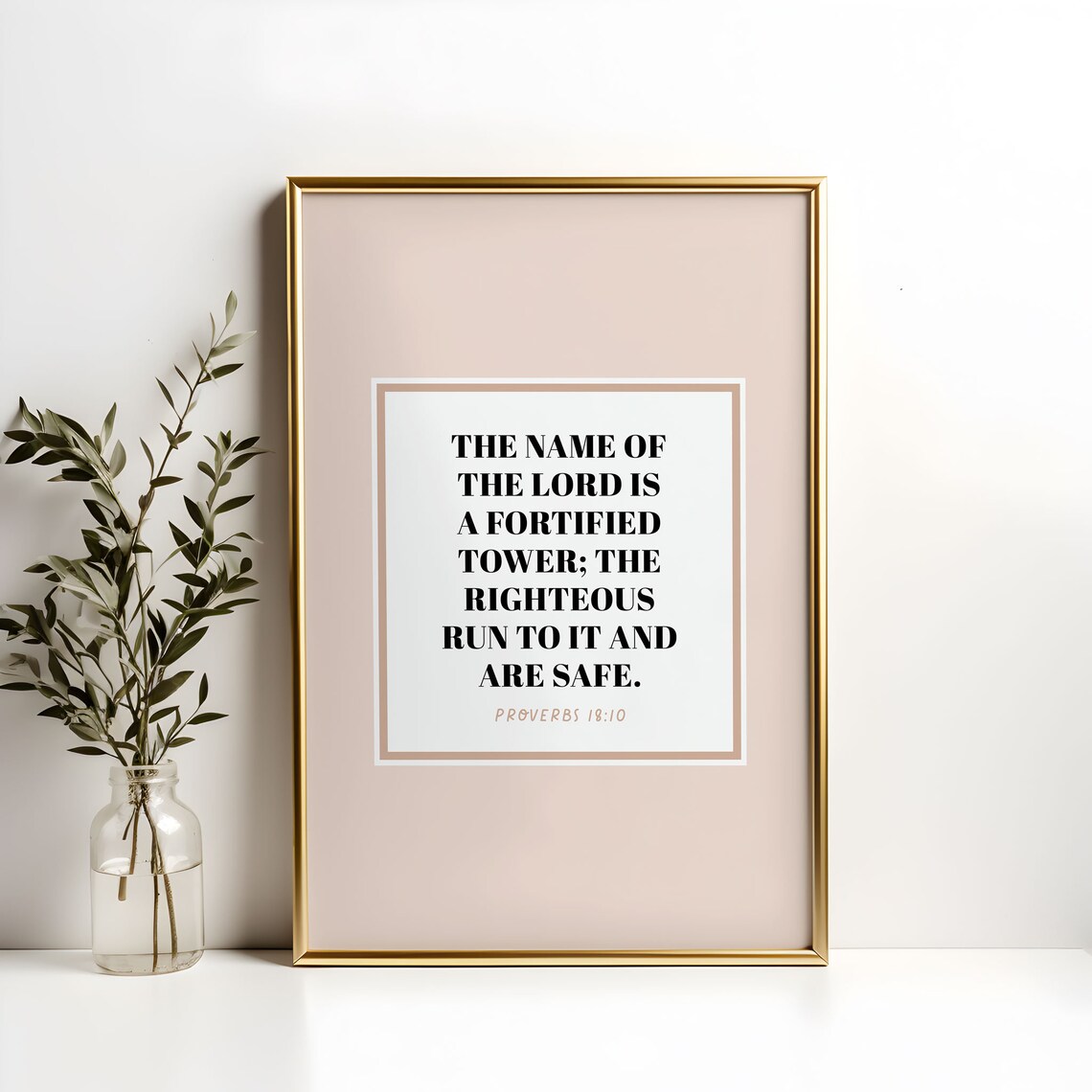 Proverbs 18:10 Fortified Tower Bible Verse Beige Framed Minimalist Poster - Image 6