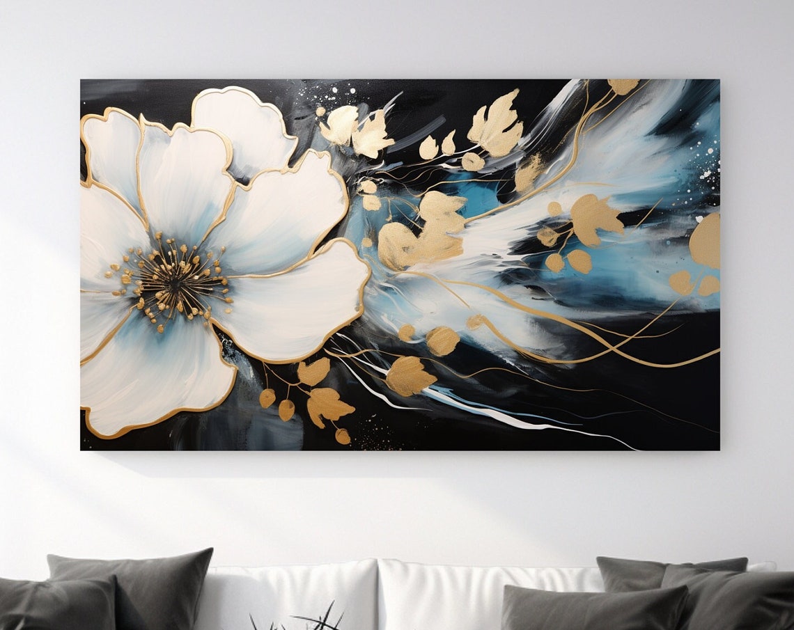 White Flower Gold Outline On Black Blue Abstract Floral Art Poster