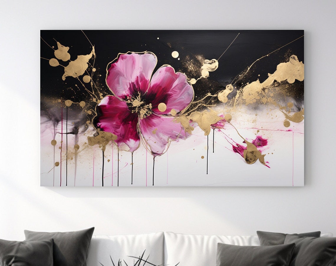 Large Pink Anemone On Black White With Gold Splatter Floral Poster