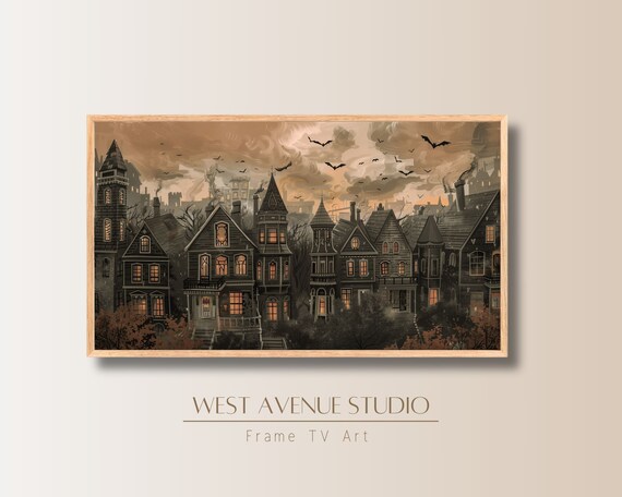 Haunted Houses At Sunset Bats In Sky Glowing Windows Halloween Art Poster