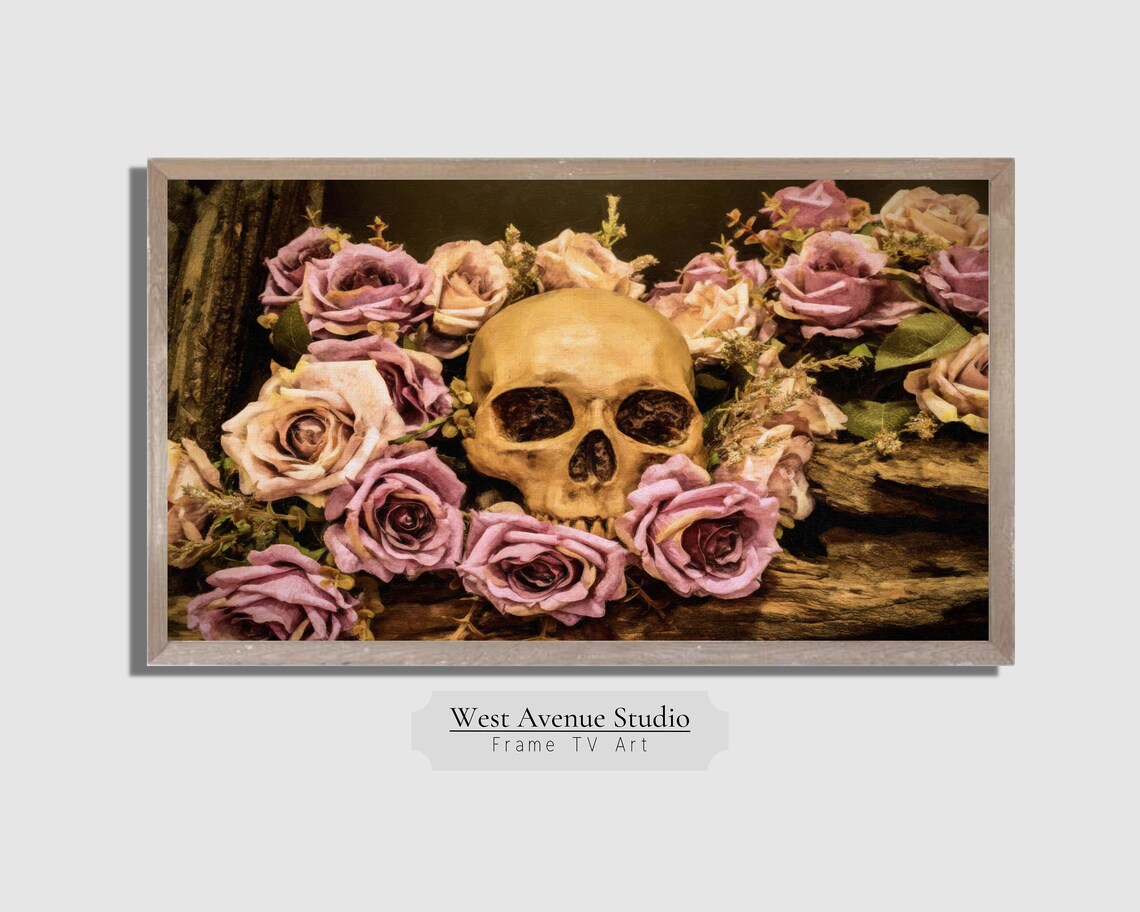 Skull with Dusty Pink Roses Gothic Romantic Halloween Still Life Poster