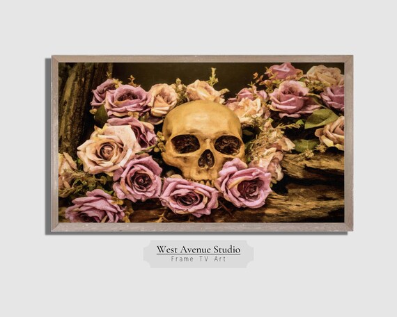 Skull with Dusty Pink Roses Gothic Romantic Halloween Still Life Poster