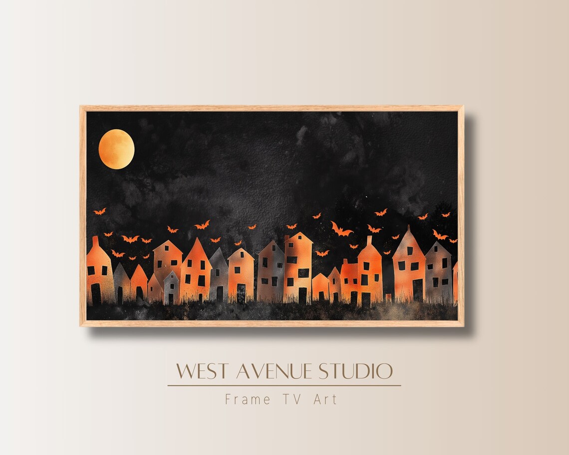 Orange Village Silhouette Full Moon Orange Bats Black Night Halloween Poster