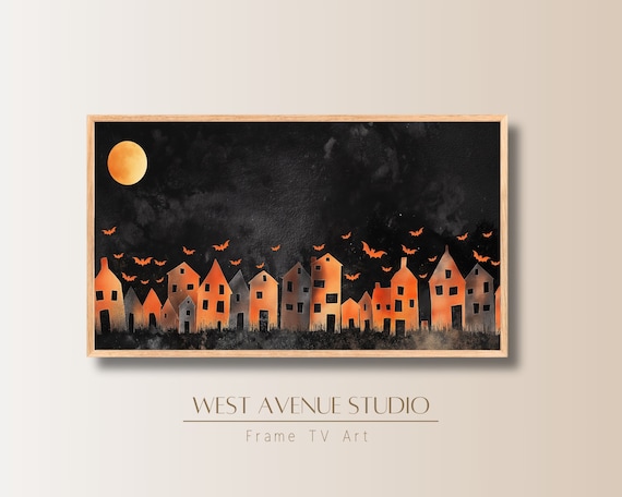 Orange Village Silhouette Full Moon Orange Bats Black Night Halloween Poster