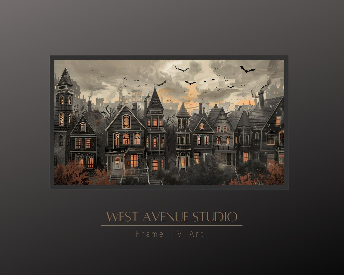 Spooky Victorian Town Twilight Bats Haunted Houses Lit Windows Art Poster - Image 5