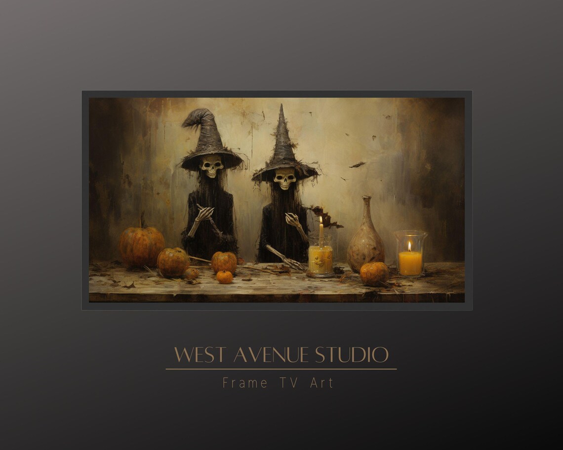 Skeleton Witches At Table With Pumpkins Candles Dark Halloween Art Poster - Image 4
