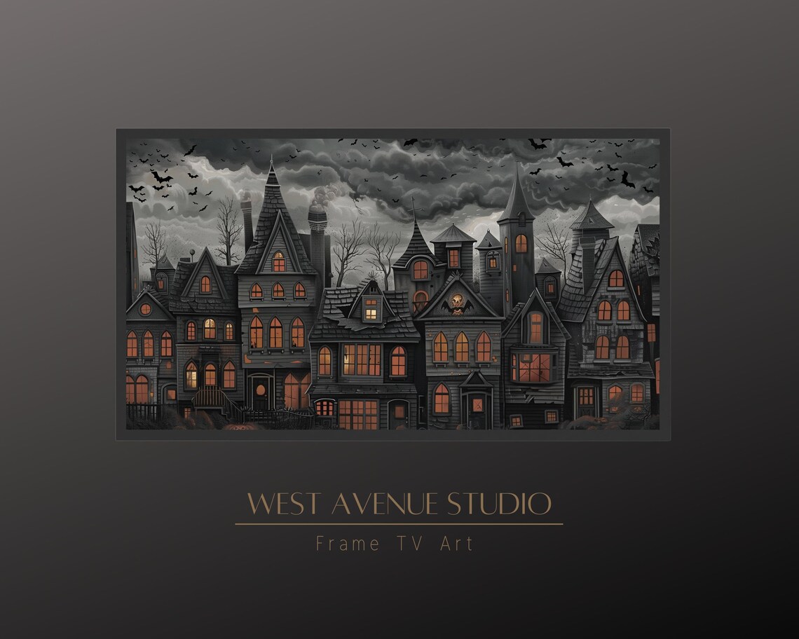 Gothic Halloween Village Glowing Windows Stormy Sky Bats Spooky Night Poster - Image 3