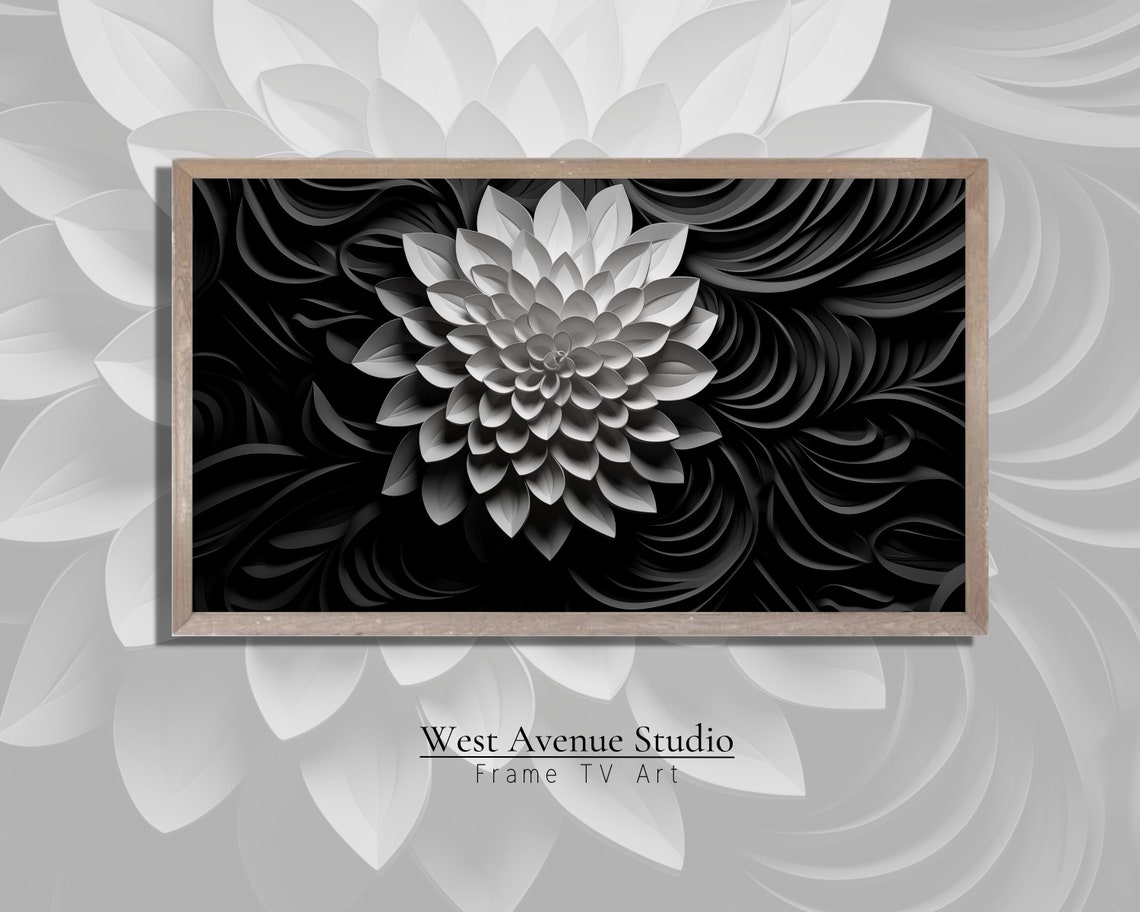 Black And White 3D Dahlia Flower Abstract Modern Botanical Art Print