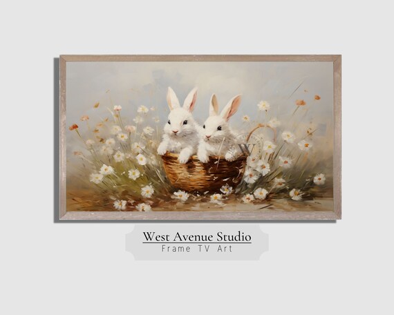 Two White Bunnies in Wicker Basket Wildflowers Easter Spring Farmhouse Poster