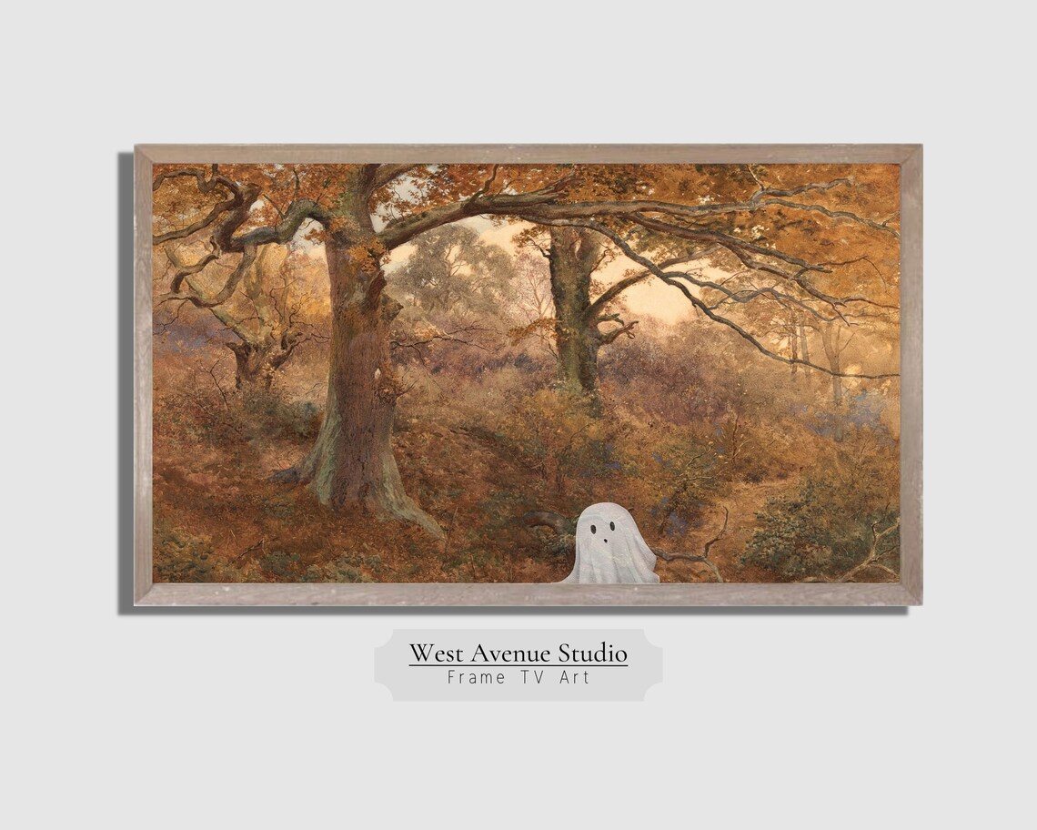 Vintage Autumn Woods Painting with Cute Hidden Ghost Fall Halloween Art Poster