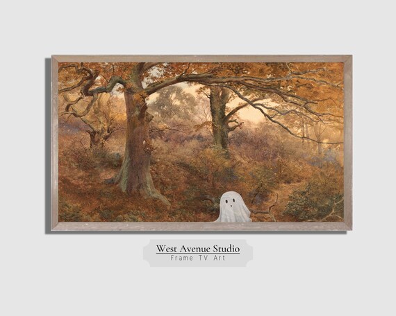 Vintage Autumn Woods Painting with Cute Hidden Ghost Fall Halloween Art Poster