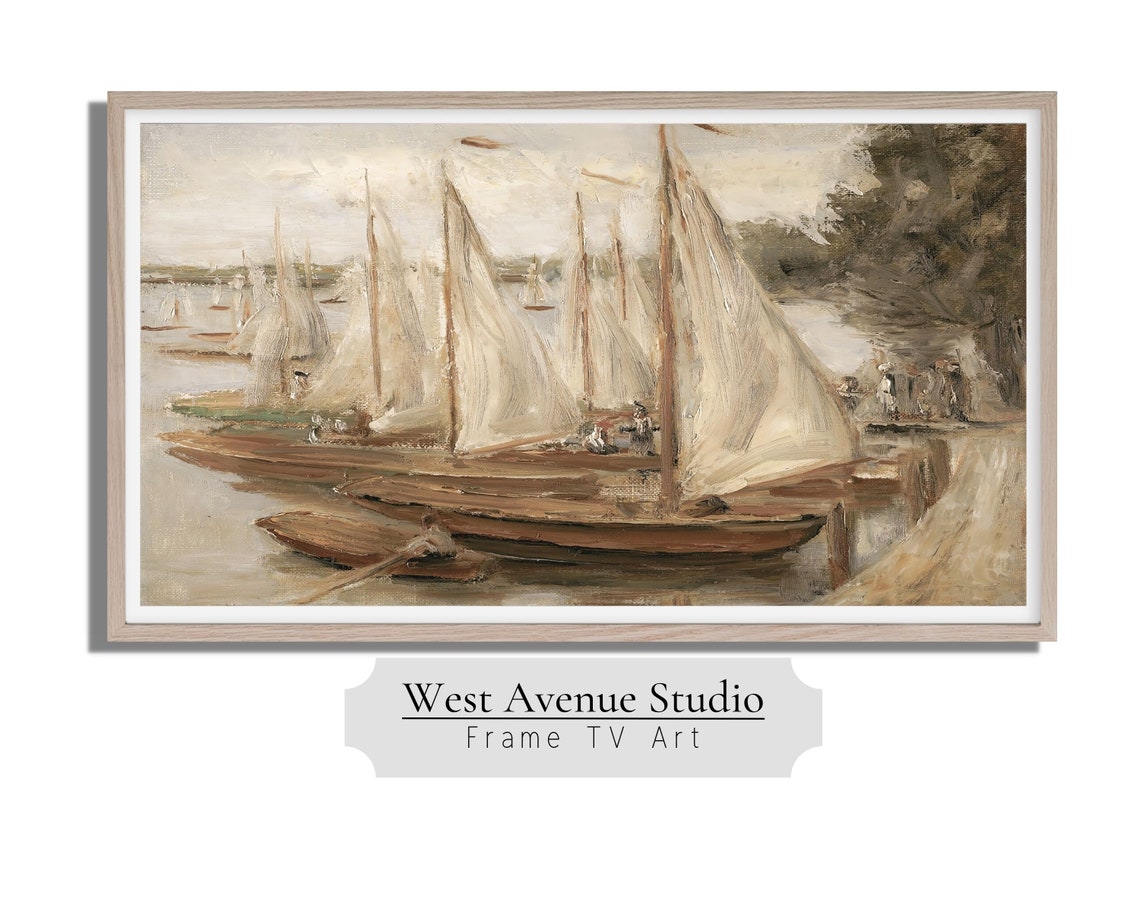 Frame Tv Art Summer Seascape Vintage Oil Painting Nautical Tv Art Summer Boats Summer Tv Art Circa 1893 Instant 295 - Image 2
