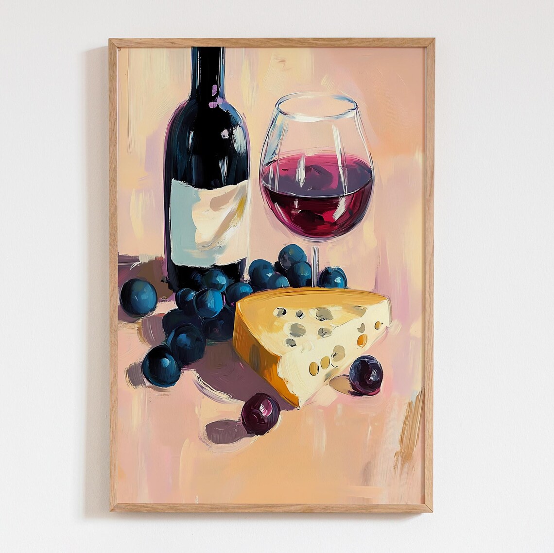 Red Wine Glass Cheese And Grapes Warm Acrylic Still Life Art Poster