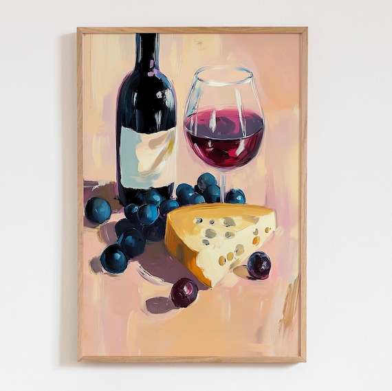 Red Wine Glass Cheese And Grapes Warm Acrylic Still Life Art Poster