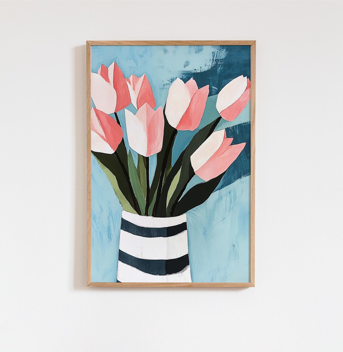 Pink Tulip Bouquet in Striped Vase Scandinavian Gouache Floral Poster