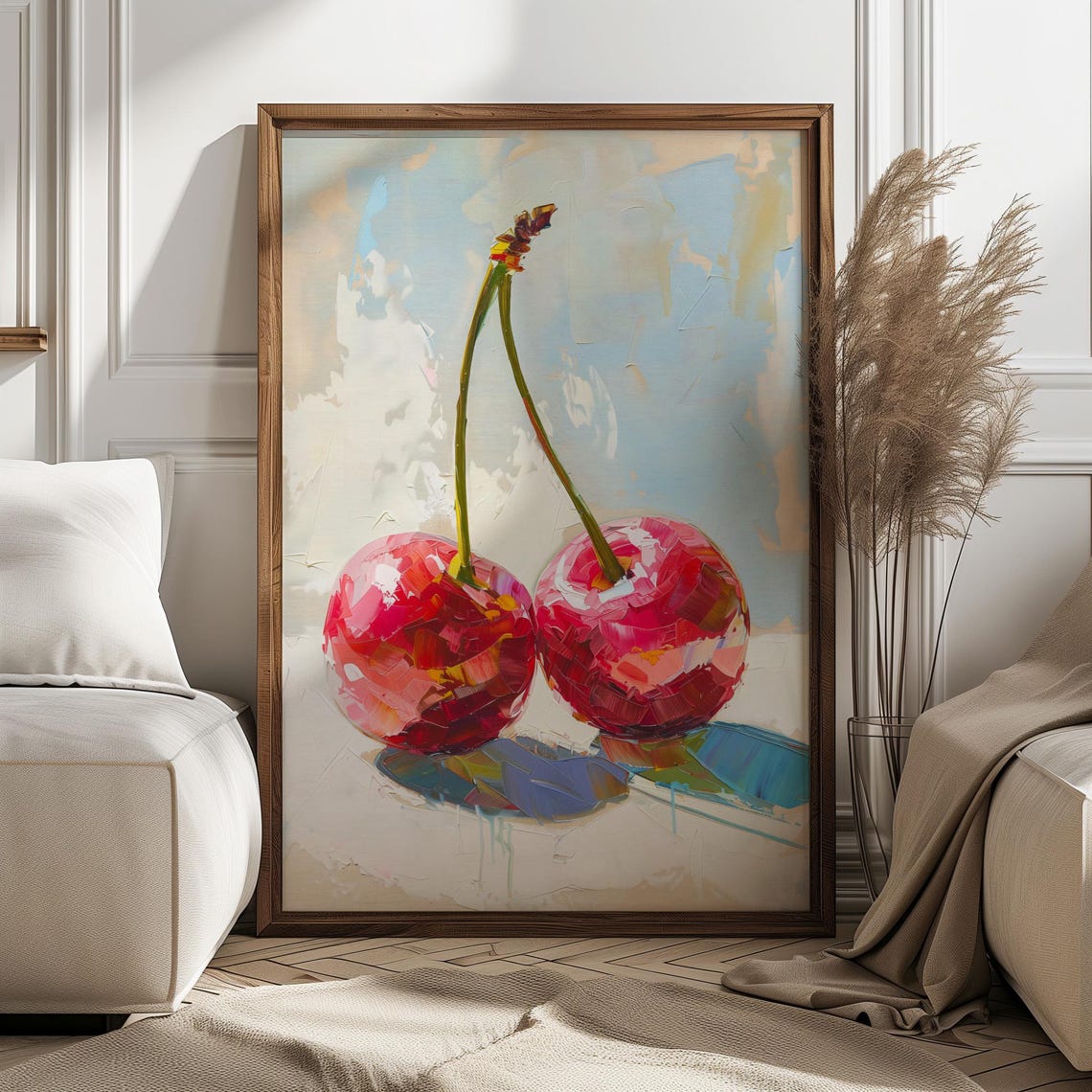 Two Red Cherries Playful Fruit Kitchen Painterly Acrylic Art Poster