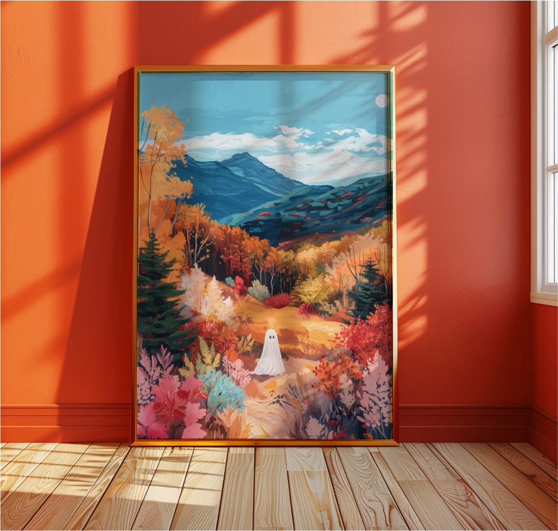 Little White Ghost in a Colorful Autumn Mountain Landscape Poster
