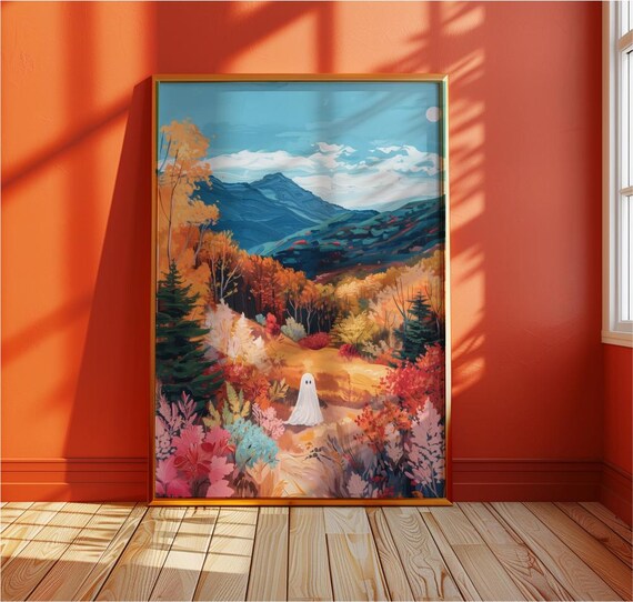 Little White Ghost in a Colorful Autumn Mountain Landscape Poster