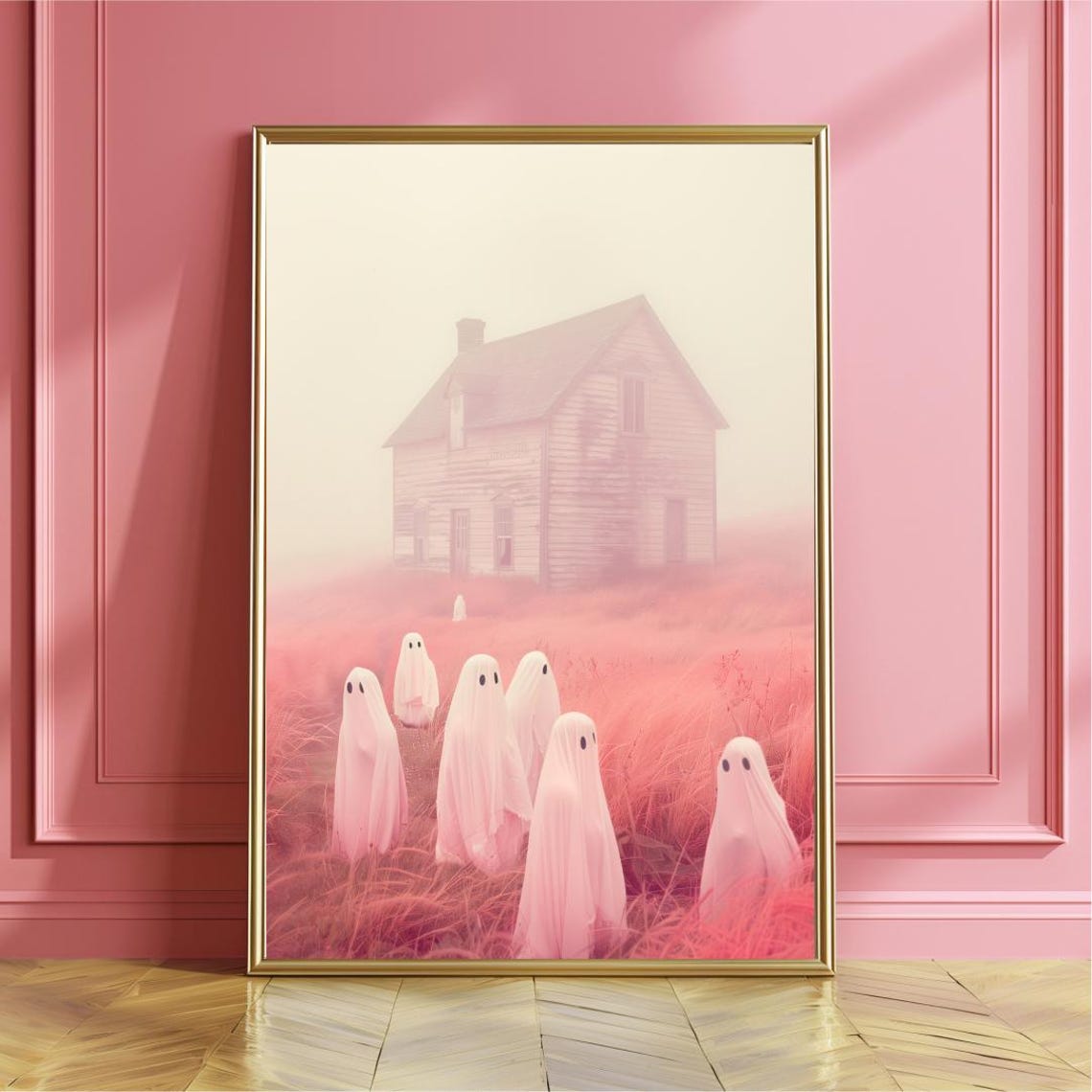 Whimsical Acrylic Art Print Poster Pink Halloween Haunted House Wall Vibrant Trendy Fall Eclectic Decor