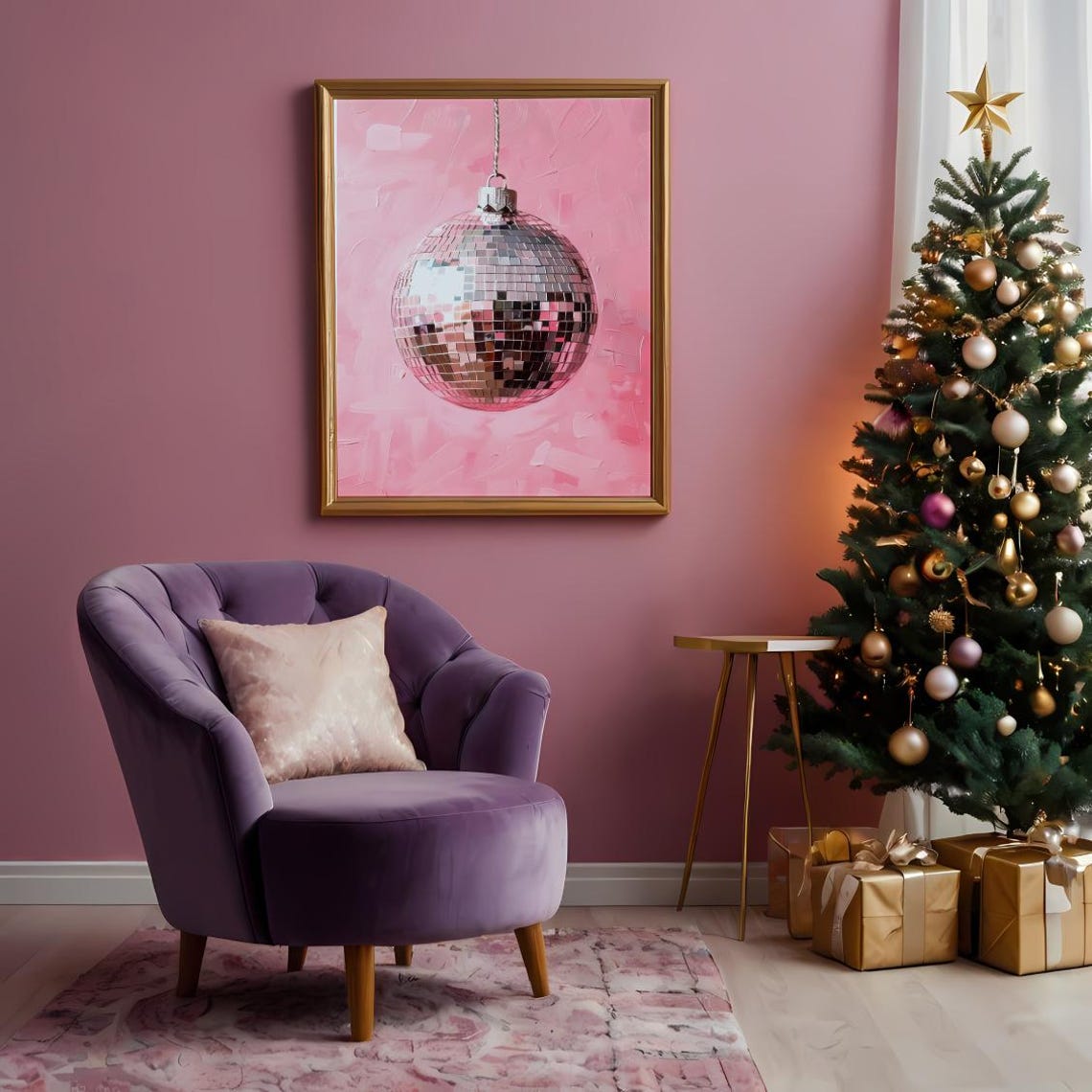 Silver Disco Ball Christmas Ornament on Pink Trendy Holiday Poster