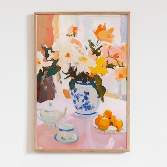 Sunlit Flowers in Vase Teapot and Oranges Still Life Art Print