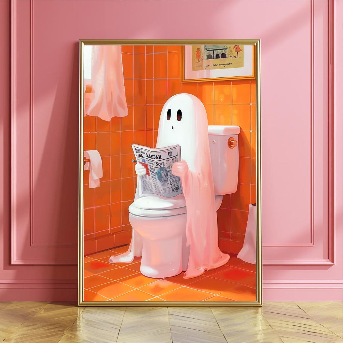 Funny Ghost Reading Newspaper on Toilet Halloween Bathroom Poster