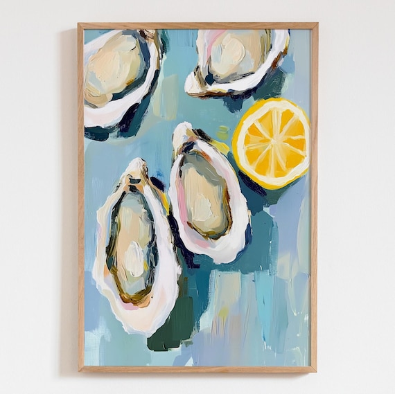 Oysters And Lemon Light Blue Acrylic Still Life Kitchen Art Poster