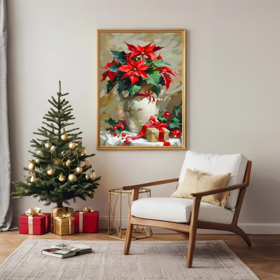 Red Poinsettias in White Pitcher Classic Christmas Still Life Poster