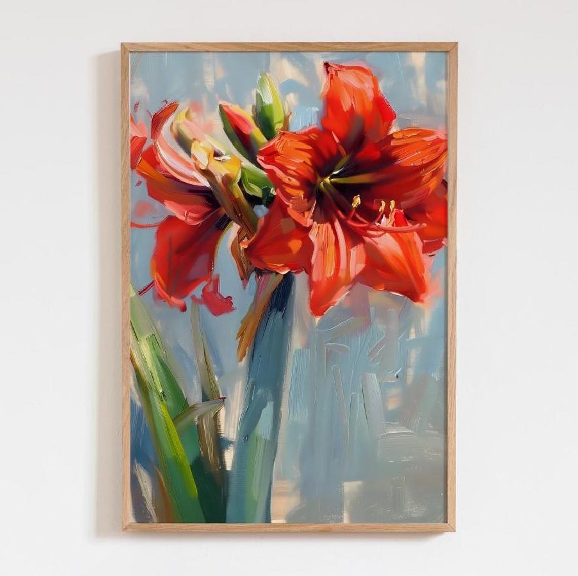 Bold Red Amaryllis Flower Close-Up Painterly Botanical Poster