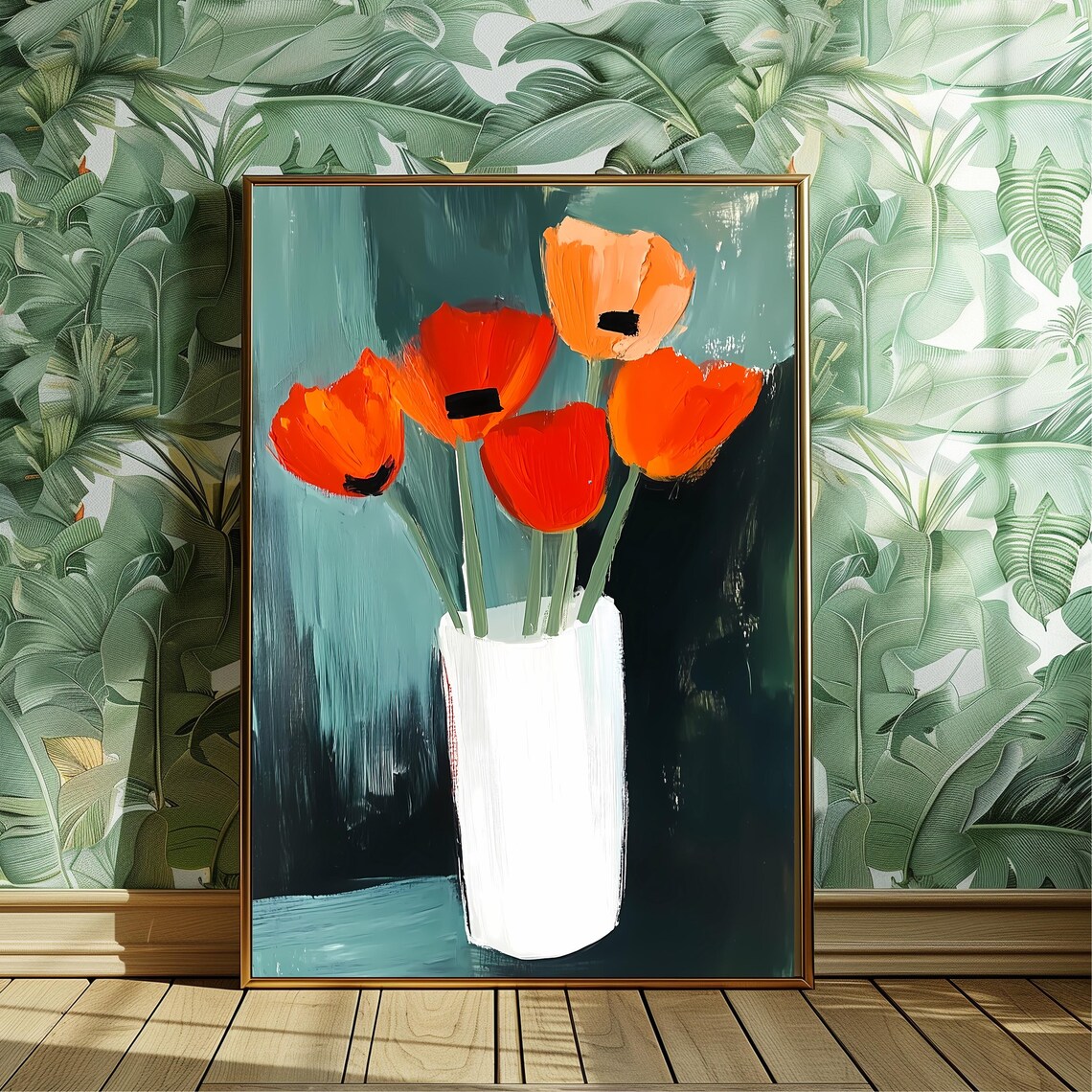 Orange Poppies in White Vase Teal Background Acrylic Floral Art Print