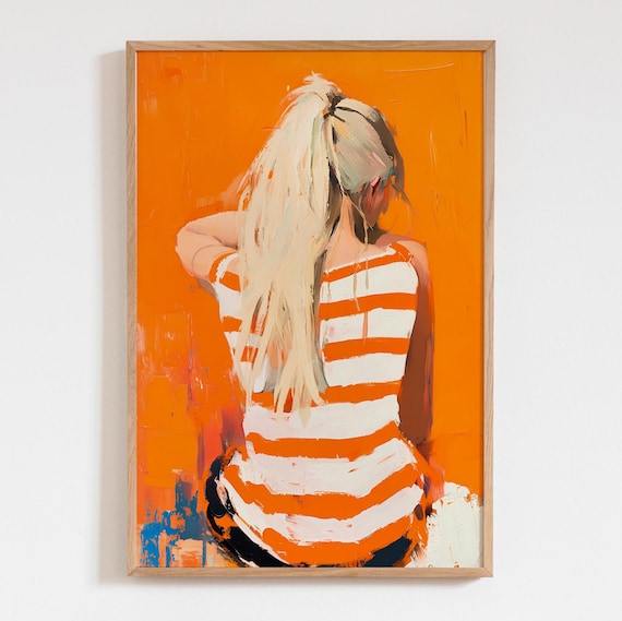 Vibrant Orange Acrylic Blond Woman Art Print Colorful Modern Abstract Poster Large People Wall Decor