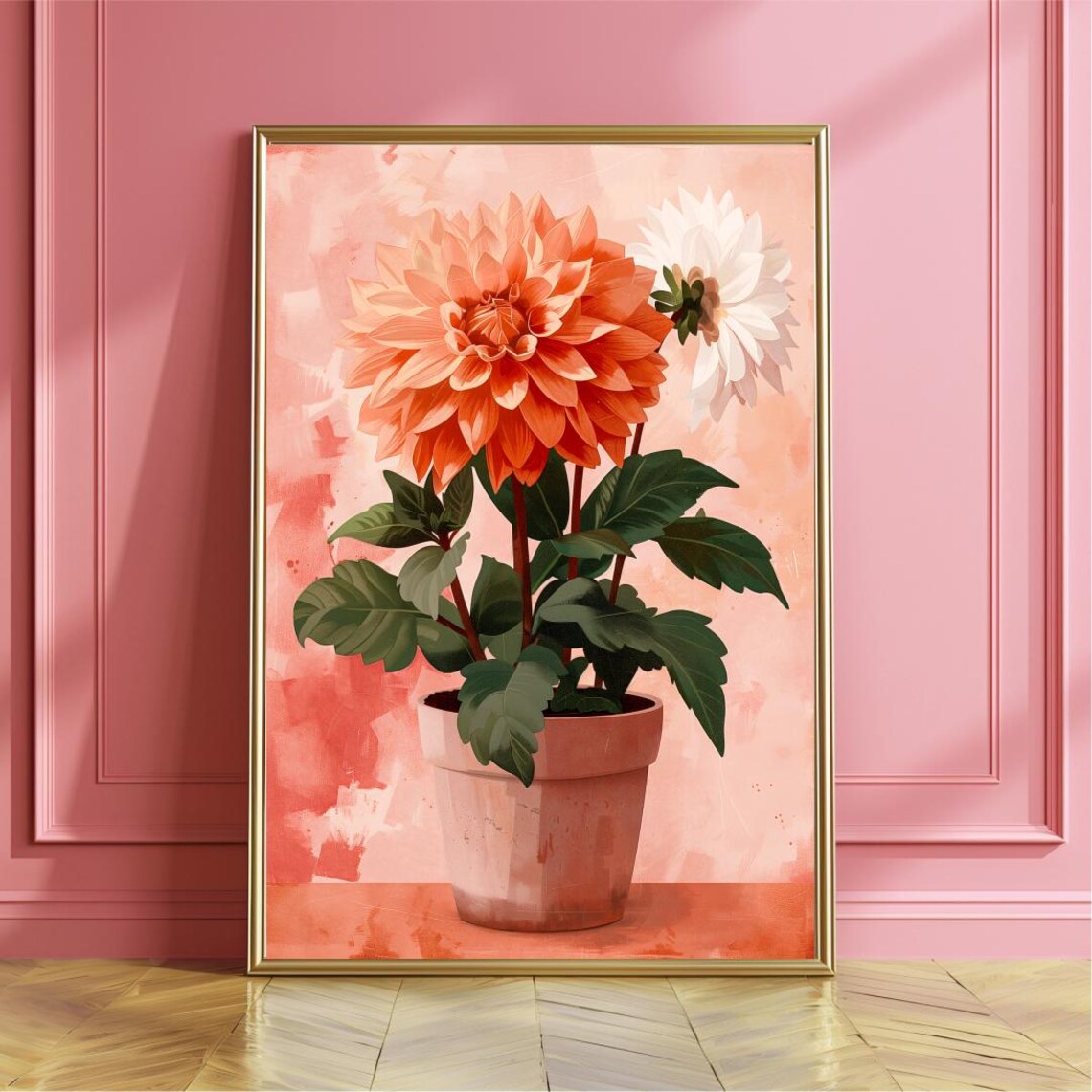 Orange Dahlias Terracotta Pot Pink Botanical Floral Still Life Poster