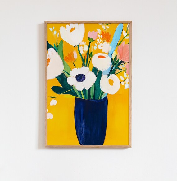 White Floral Gouache Painting Navy Vase Wall Art Naive Style Botanical Print Pastel Flower Artwork Bold Color